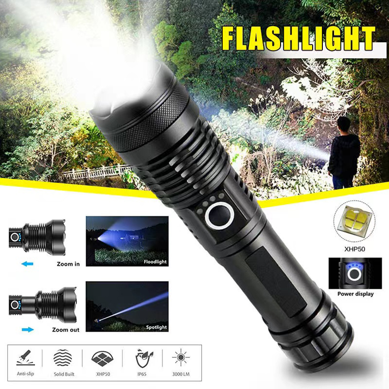 Tactical Flashlight Rechargeable - High Power XHP70 Led Flashlight USB-C
